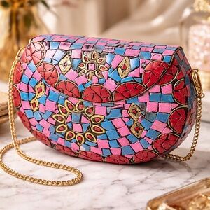 RAMLA Handmade Moroccan Mosaic Handbag Pink Blue Gold Crossbody Clutch